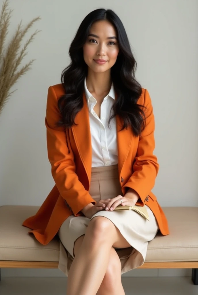  Create a photo of a brunette woman with long wavy black hair ,  at a professional photo shoot ,  sitting on a bench with her legs crossed ,  she holding a notebook in her lap ,  a 30-year-old modern entrepreneur wearing orange-colored clothes, white and b...