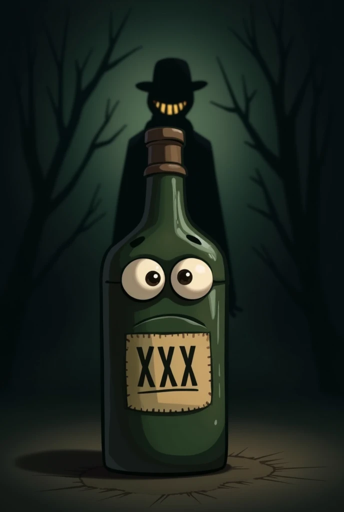 Create a cartoon moonshine bottle with a worried innocent face. The bottle should be dark matte green with a tan label. The label should say "XXX". In the background generate a black human man silhouette. The silhouettes only defining feature should be a c...