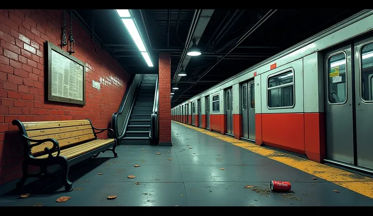  Make an image of the scenery of a subway station platform, With the wall to tunnel made of dark red clay bricks.  An empty 1990 subway , with closed doors . Old subway ,  old and old place . dust on the ground,  old newspaper flying .  Soda can on the flo...