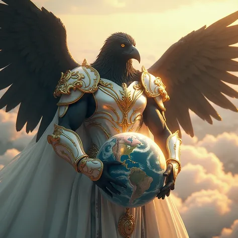 Muscular Anthropomorphic black Crow god with black wings, half saint half demon, glowing white and gold armor, holding the earth in its hands, positioned in the clouds, lights shining on him, colossal glass sky palace in the background, city in the clouds,...