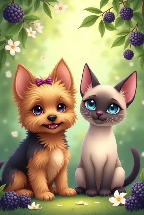  Create a cute cartoon of a Yorkshire puppy dog in the colors brown and black , And a Siamese cat    ,  they both have a bow on their heads .  And in the back there are blackberries and white jasmine flowers 