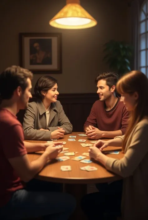  A round light brown wooden table with four people seated a man and a woman on one side a man and a woman on the other side a little far away, They are playing colored cards 