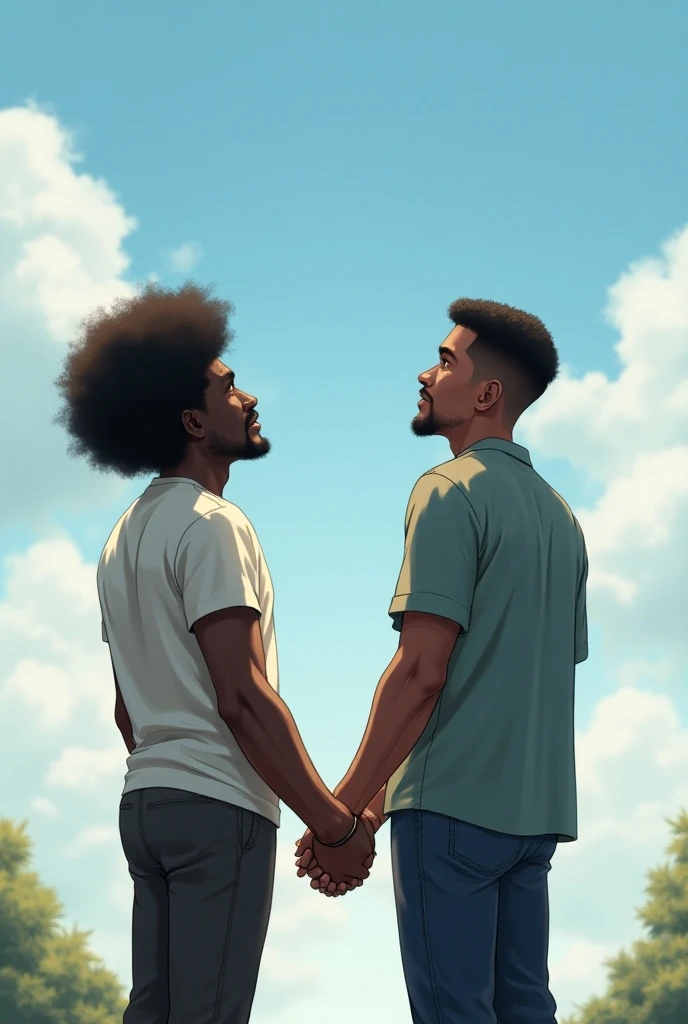 A black man with big afro hair and another white man  , Hand in hand and two rings 
Looking to the sky