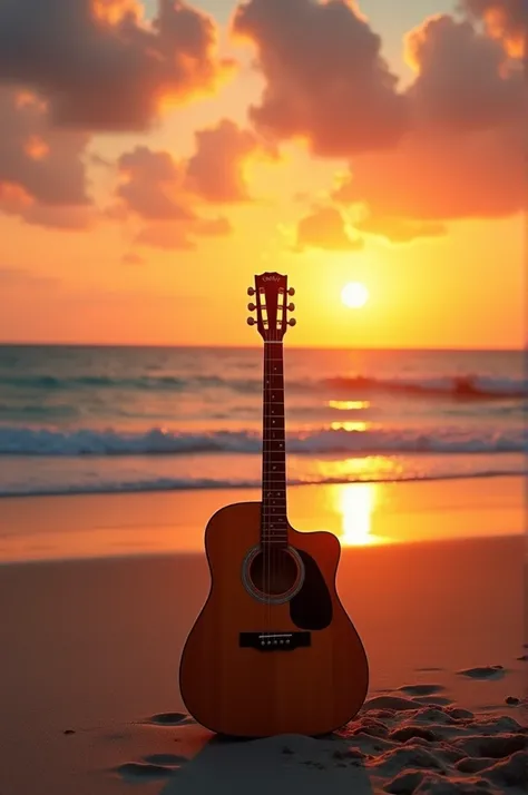 Guitar standing on the beach. 4K HDR, and sunset.