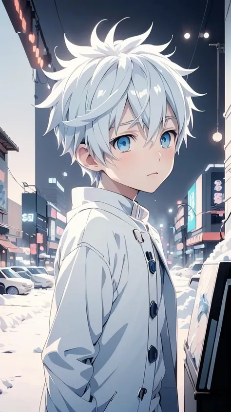 anime - style image of a boy with white hair and blue eyes, tall anime guy with blue eyes, anime boy, white haired, frosty white...