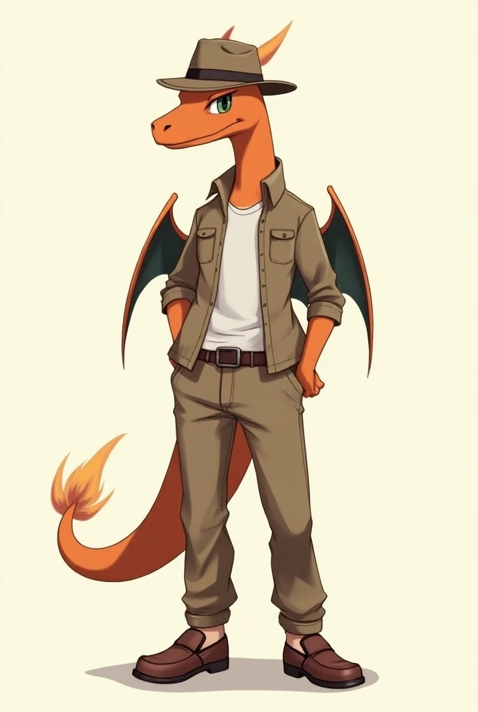 Pokémon Charizard com loafers, chino pants, fedora hat and shirt 