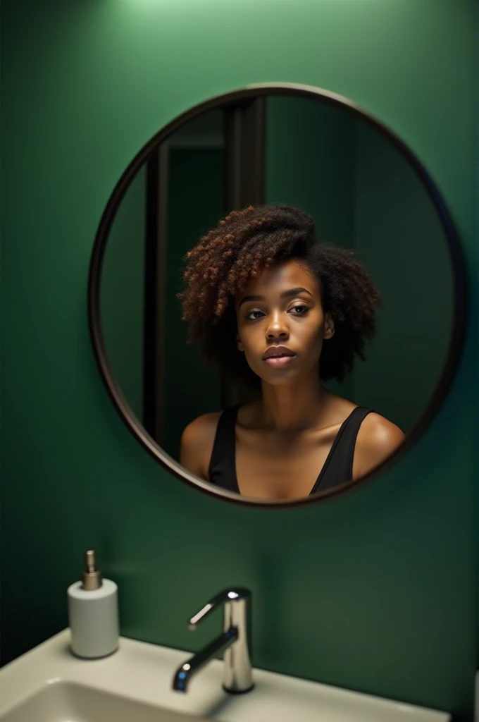 black woman, 24 years old, curly haired,  faces its reflection in the round bathroom mirror. The room wall is green .