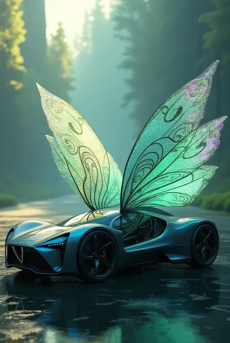 Make me a car with big beautiful fairy wings I want to see it in full in PROFILE