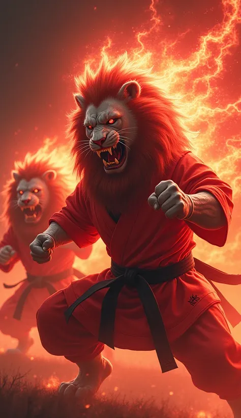  Lions dressed in Japanese Karate clothing , with a pose ready to strike ,  a fiery red aura around it ,  create an impression of intense spiritual power.

