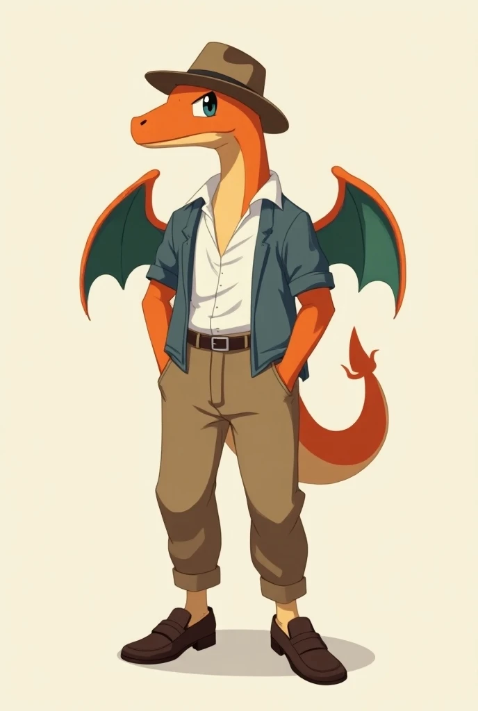 Pokémon Charizard com loafers, chino pants, fedora hat and shirt 