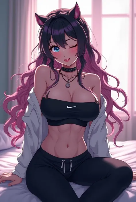 My Hero Academia Screenshot: A very beautiful anime girl who seems to have the beauty of an excessively beautiful divine Greek goddess, with beautiful long, wavy, black and white hair, with pink highlights and pink tips. beautiful blue eyes, light skin, we...