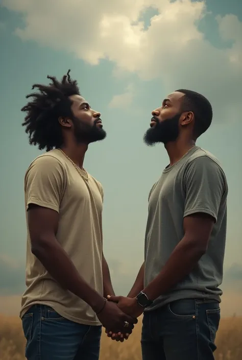 A black man with big afro hair 
A white man  , 
Hand in hand and two rings 
Looking to the sky
