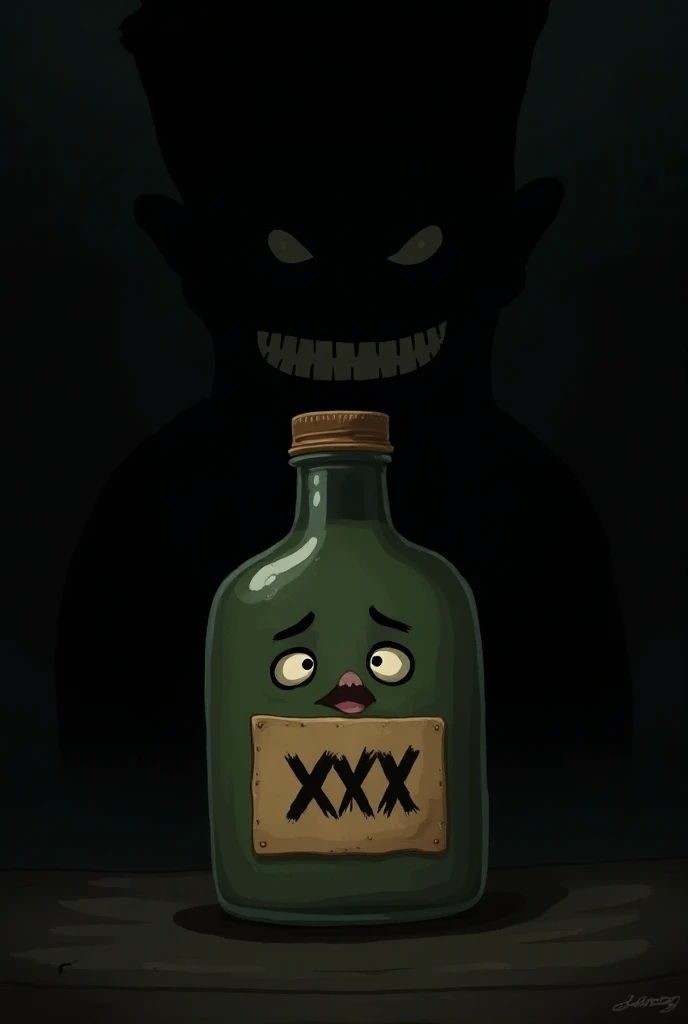 Create a cartoon moonshine bottle with a worried innocent face. The bottle should be dark matte green with a tan label. The label should say "XXX". In the background generate a black human man silhouette. The moonshine bottle should be in front of the silh...