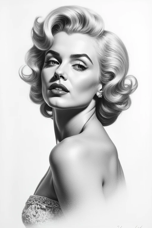 (8k, Top Quality, Masterpiece), (Real, Photorealistic), (Super Detail, Perfect Eyes), (High Detailed Face), (1 person photo)、Marilyn Monroes pencil drawing shows 、 short hair, and a calm expression 、A dress drawn with delicate lines, 、 a classic pose that ...