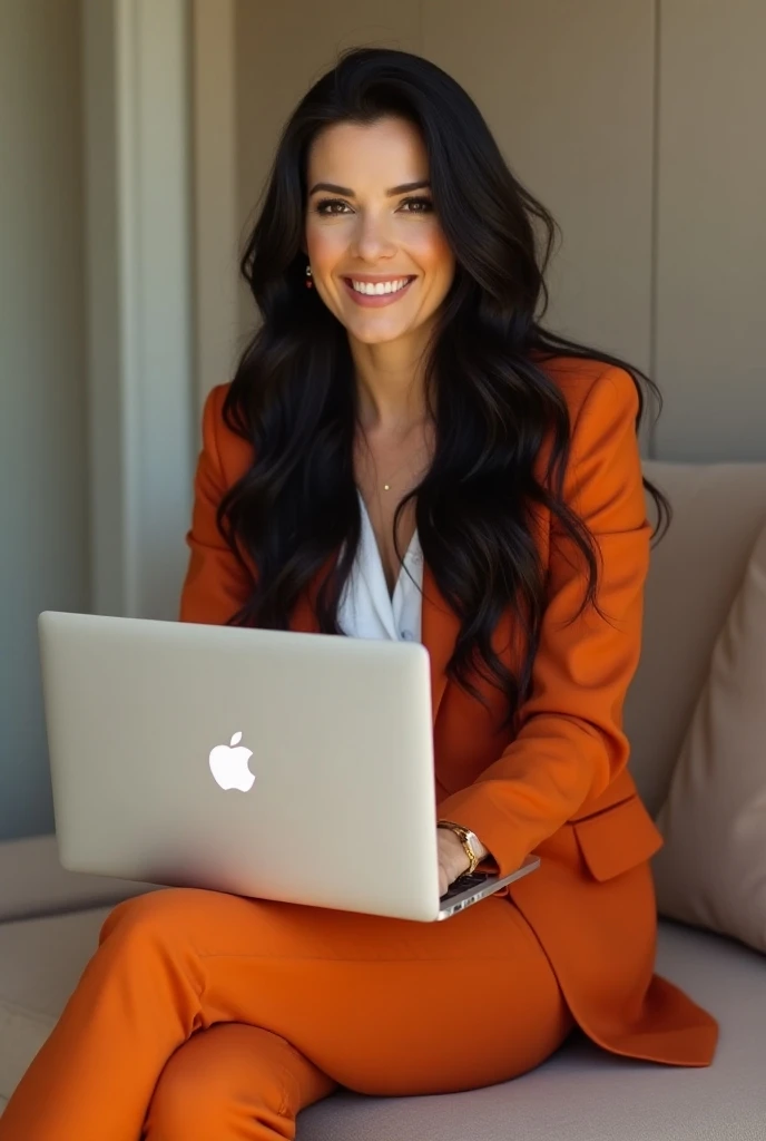  Create a photo of a brunette woman with long wavy black hair ,  at a professional photo shoot , Sitting on a bench with her legs crossed, her holding a MacBook in her lap, modern entrepreneur with orange-colored clothes, white and brown , As in the inspir...