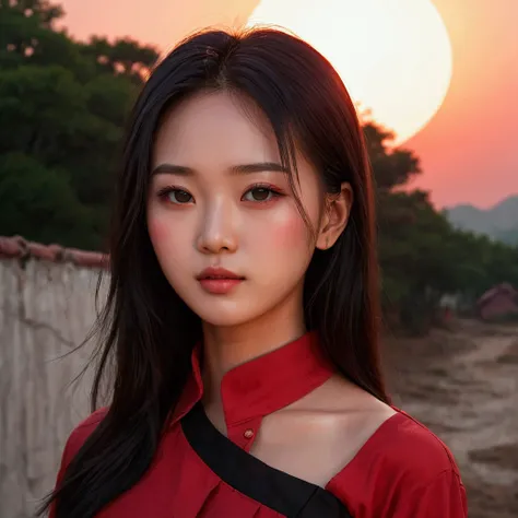 arafed woman with a black shirt and a red sunset, yanjun chengt, chinese girl, inspired by Yanjun Cheng, gorgeous chinese model, high quality portrait, beautiful asian girl, beautiful south korean woman, young and cute girl, beautiful digital artwork, with...