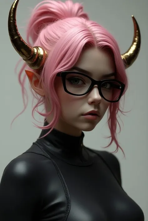  I want a feminine white woman,  her pink hair that her hair is tied up , her black head , with black glasses, with golden horns on his head,  and her clothes that say i mm2 . 