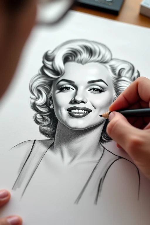 An image showing an artist in the process of sketching a pencil drawing of Marilyn Monroe. The partially completed sketch features Marilyns iconic face with her wavy hair and gentle smile, with the pencil lines still being worked on. The drawing shows deta...