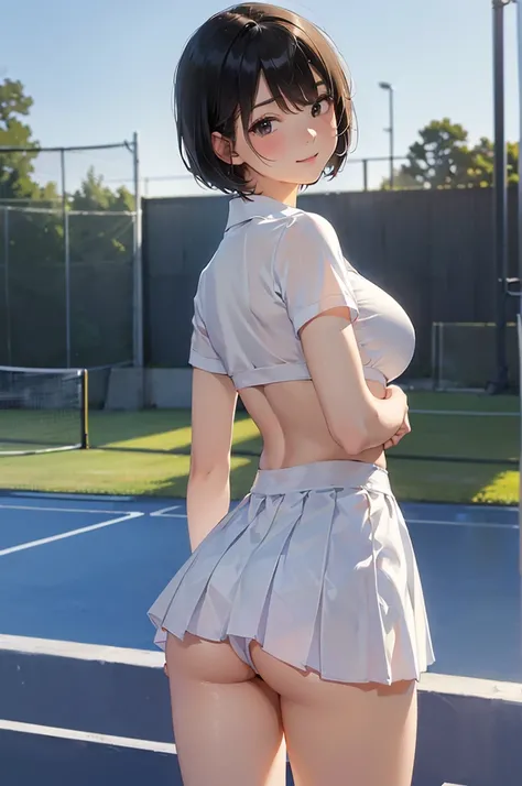 ((NSFW:1.3))、(((Backwards、Looking back、Beautiful buttocks、back)))、((( Perfect Anatomy)))、((Big Breasts))、((slim))、((Cute high school girl))、((pure white polo shirt、 pure white micro mini skirt、 pure white pleated skirt ))、((Very short black hair、Short Hair...