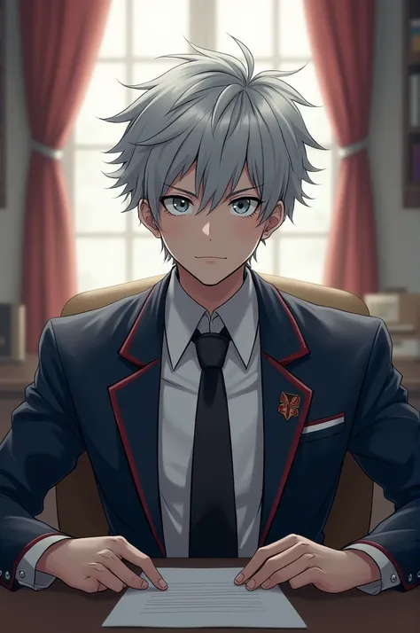 my hero academia,  masculine gender,   white skin,  not so intimidating look   , Gray hair , grey eyes, attire : uniforme de la UA ,  scar on his left ear ,   sitting at a desk in his aviation 