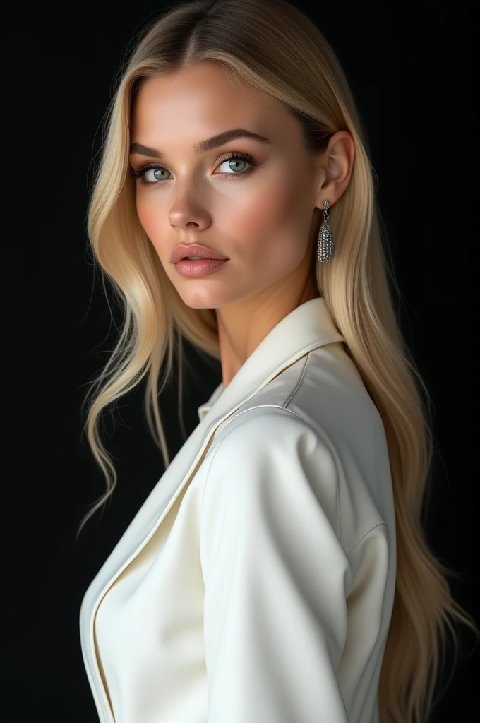 White Brazilian woman, with long straight blonde hair, with silver earrings, black eyes, wearing a white outfit, on a black background. Realistic 4k image