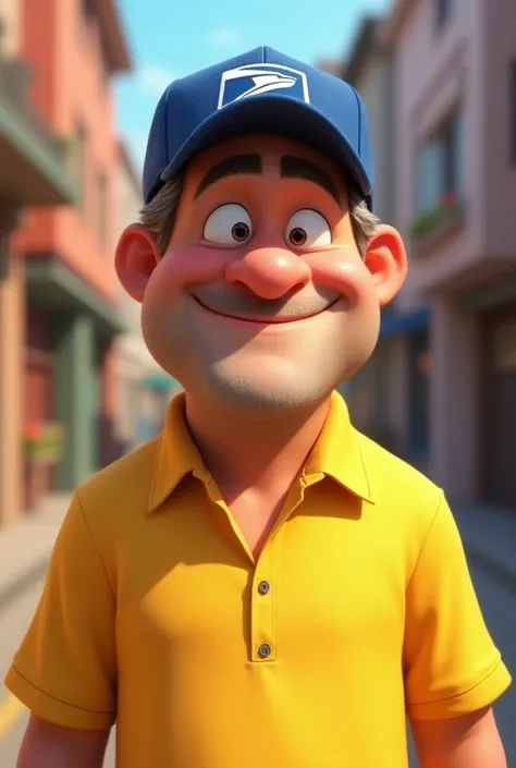  Disney Pixar 40-year-old homosexual white man wearing a yellow polo shirt and a blue cap from the Postal Service, With a friendly and mocked expression 
