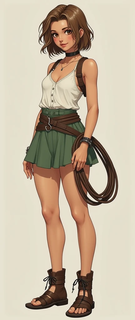 ((final fantasy viii style:2)), Her hair is light brown, slightly curly, reaching her shoulders. She decorates it with small braids. Her face is square, her skin is light brown. Her eyes are wide hazel, her eyelashes are long. Her nose is small and straigh...