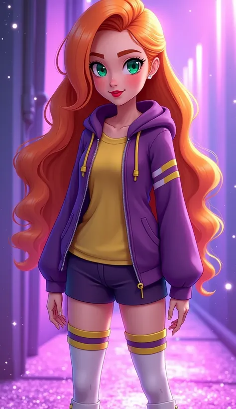 (Close up), (Close up from top of head to bottom of thigh) ((Barbara from DC Super Hero Girls 2019)), Barbara is a tall, slim and fair-skinned teenager with rosy cheeks, bright-emerald eyes and long, hot-orange hair with a brighter-colored ombre on the bot...