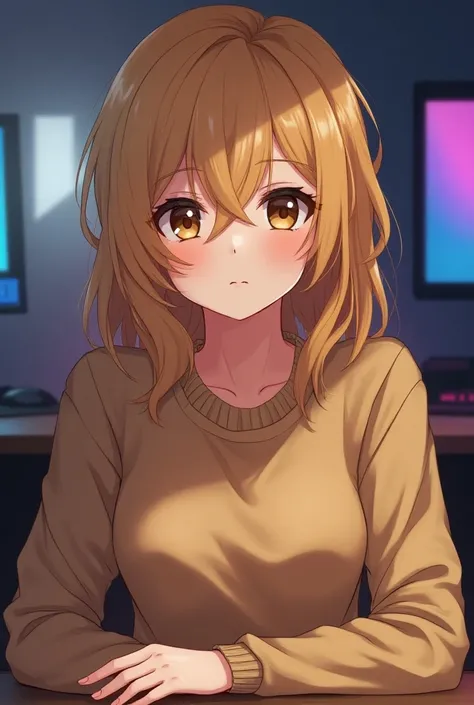 Create a gamer woman with loose blonde hair, Brown eyes, beige long sleeve sweater (anime and realistic version) Without showing their breasts 