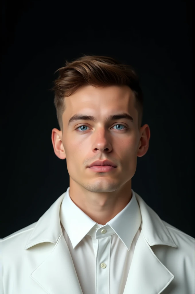 Brazilian white man, with short modern brown hair, blue eyes, wearing white clothing set, on black background. Realistic 4k image