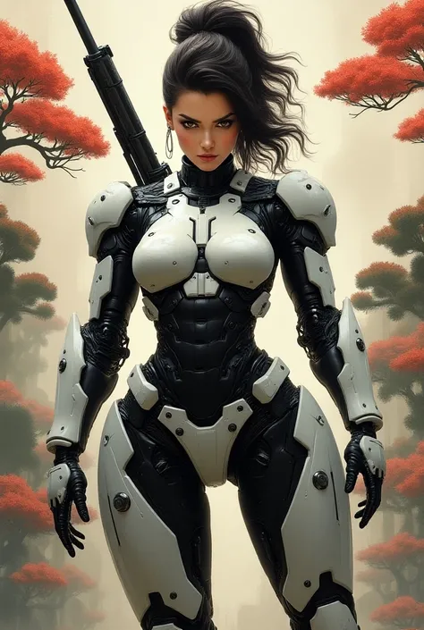 
Painting style rendering, realistic and full body. bottom view , Art by ZHao Wao-Ki. portrait of a beautiful humanoid female robot warrior with arrogance, modeling hair style, wearing punisher mecha armor and a shotgun carried on her back, a dynamic look....