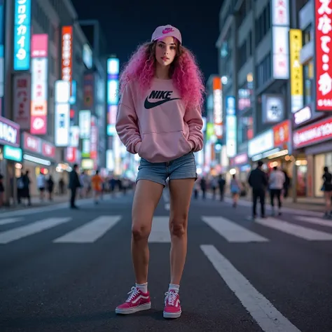 Wide angle of a woman with pink curly hair, white skin, she wears a cap, a sweatshirt with the NIKE logo, short denim shorts and Vans sneakers. In the background, the city of Tokyo in Japan. The scene takes place at night and is photographed with an Iphone...