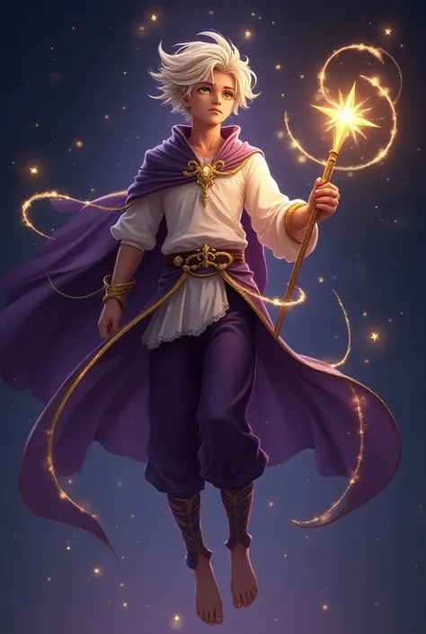 I want a young man , semi-realistic, beautiful, slanted eyes, attractive.  I wanted the character levitating ,  with a starry background , with a neutral expression, Fun fact ,  looking at his shiny and golden staff .  He has light and messy hair ,  with a...