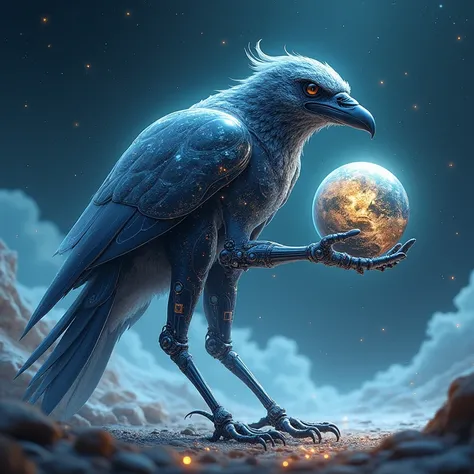 Muscular cyborg Crow with translucent glass skin, walks among the stars carrying the world in his hand, looking at the world lovingly, Backlighting, Glowing Light, Reflection light, High Resolution, Masterpiece, Award Winning, Best Quality