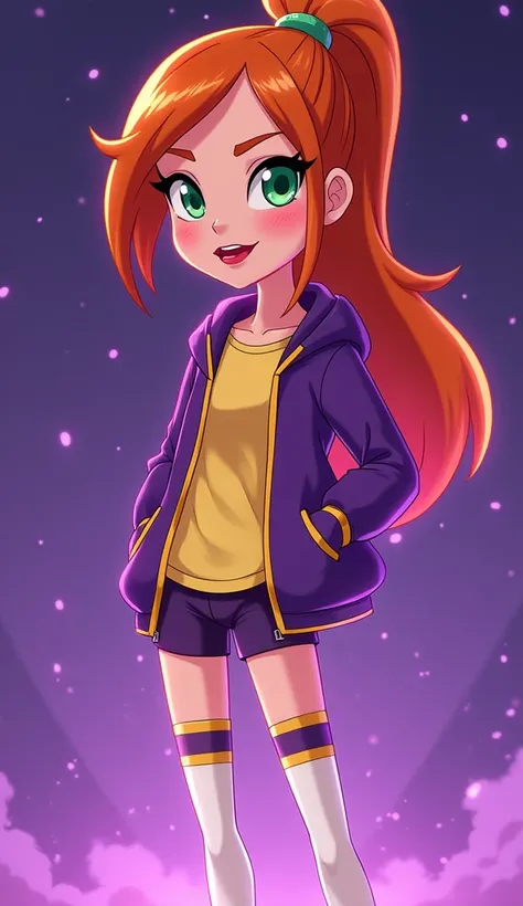 (Close up), (Close up from top of head to bottom of thigh) ((Barbara from DC Super Hero Girls 2019)), Barbara is a tall, slim and fair-skinned teenager with rosy cheeks, bright-emerald eyes and long, hot-orange hair with a brighter-colored ombre on the bot...