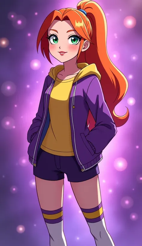 (Close up), (Close up from top of head to bottom of thigh) ((Barbara from DC Super Hero Girls 2019)), Barbara is a tall, slim and fair-skinned teenager with rosy cheeks, bright-emerald eyes and long, hot-orange hair with a brighter-colored ombre on the bot...