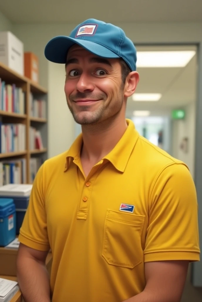 Disney Pixar 40-year-old homosexual white man with well-treated skin and wearing a yellow polo shirt and blue cap from the Post Office, With a friendly and mocked expression 