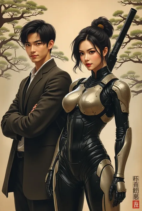 
Painting style rendering, realistic and full body couple. bottom view , Art by ZHao Wao-Ki. portrait of a arrogance beautiful humanoid female robot warrior with her smiling hansome man, modeling hair style, wearing punisher mecha armor and a shotgun carri...