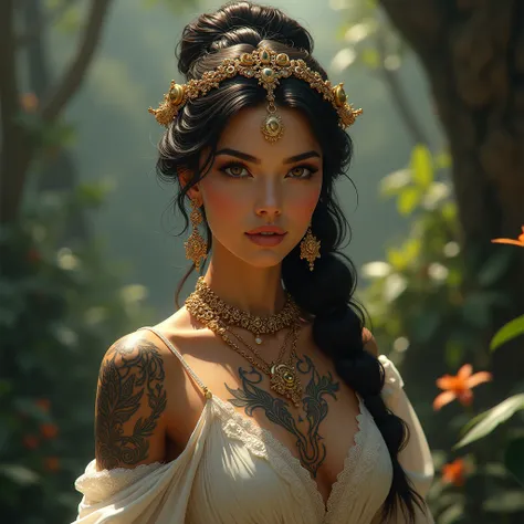 Create a truly magnificent image of an enchanting Middle-Eastern woman, akin to a princess from tales of Arabian Nights. She possesses an array of artistic and intricate tattoos adorning her body, each one telling an enigmatic story of its own. Her beauty ...