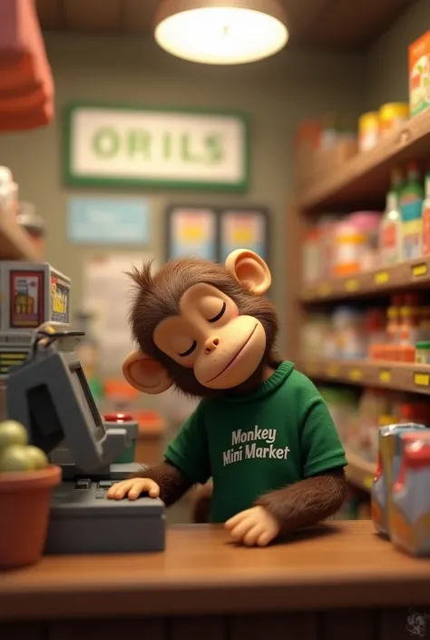 Create an animated image,  of an animated monkey asleep during work hours at the mini Market, The uniform is green and says Monkey Mini Market 🛒