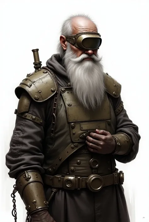 (semi-realistic painting) (d&d) (dark Fantasy) (Arte digital) (white background) Artificer Homem, old, long white beard, Visor steampunk ,  gray hair , ((Exoesqueleto steampunk)).