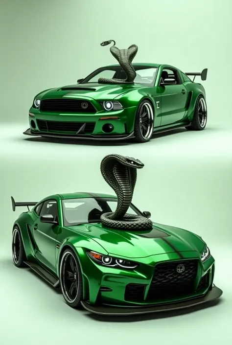 Make me a car with a cobra statue I want it to be green I want to see it in full and in profile 