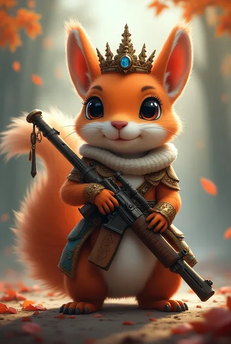 An adorable sexy squirrel wearing a princess crown and warriors clothing with weapons from the game Free Fire