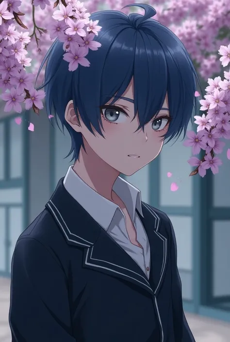 Make an anime-style Korean character man , White,  with blue hair and gray eyes pulled by lilacs in school clothes do it in a darker style with slightly long hair 