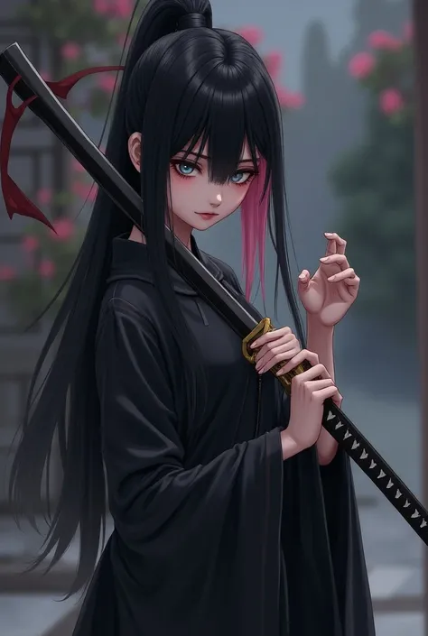 Create a character with black hair thin and pale pink lock with a katana