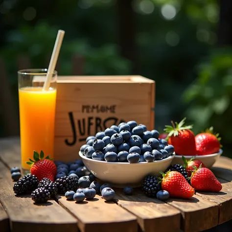 - A vibrant photograph of a bowl of blueberries sitting on a patio table, next to a glass of orange juice and several blueberries, blackberries and strawberries neatly arranged on the table. At the bottom of the image, on the side of a wooden crate full of...