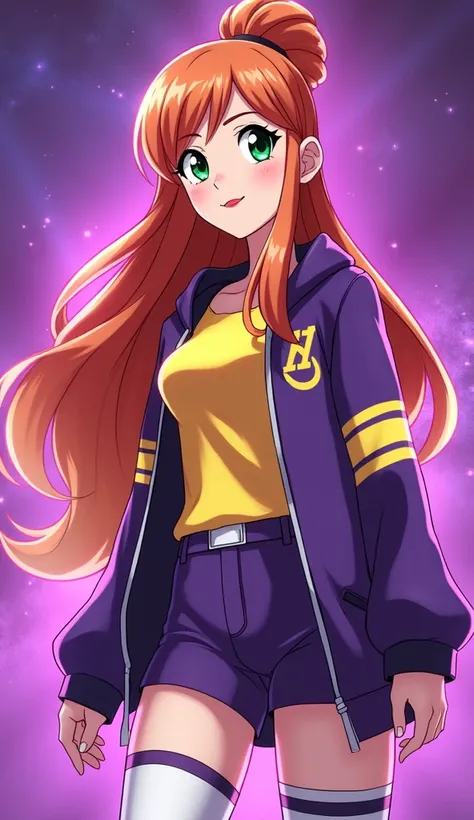 (Close up), (Close up from top of head to bottom of thigh) ((Barbara from DC Super Hero Girls 2019)), Barbara is a tall, slim and fair-skinned teenager with rosy cheeks, bright-emerald eyes and long, hot-orange hair with a brighter-colored ombre on the bot...