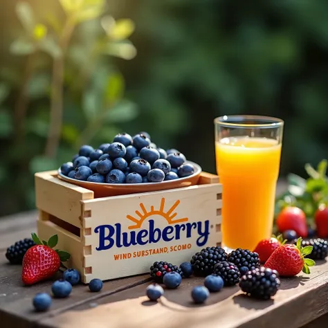 - A vibrant photograph of a bowl of blueberries sitting on a patio table, next to a glass of orange juice and several blueberries, blackberries and strawberries neatly arranged on the table. At the bottom of the image, on the side of a wooden crate full of...