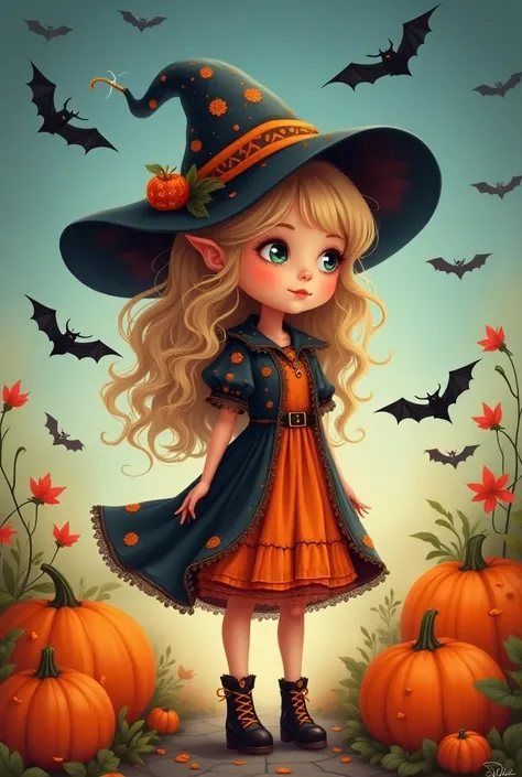 girl 2d,halloween, Witch dress, Pumpkin oranges, bats flying,Melhor qualidade, Excellent, 