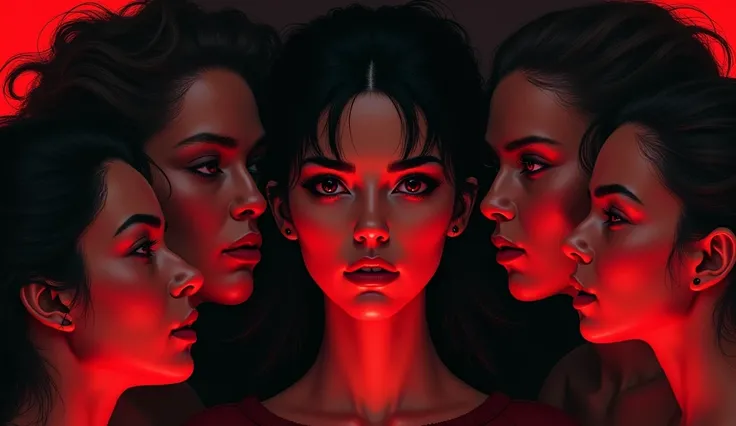 Create an image of a face surrounded by women with the colors black and red